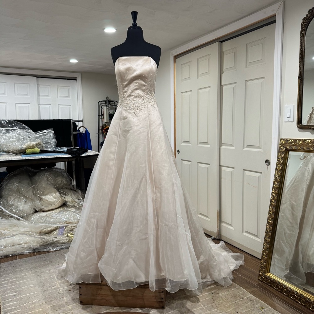 Strapless, beaded satin wedding gown